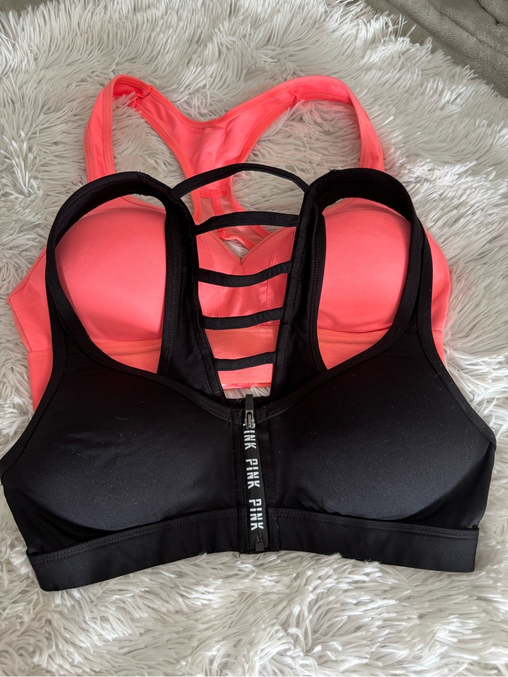 PINK Victoria's Secret Front-Zip Black Sports Bra and Coral Pink Strappy Back